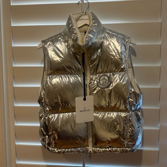 MONCLER NWT Blavet Silver Down Quilted Puffer Vest 3 L Metallic - Picture 10 of 16